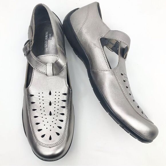 Ros Hommerson CAMEO Metallic Pewter Perforated Fisherman Loafer Sandals - Picture 5 of 16